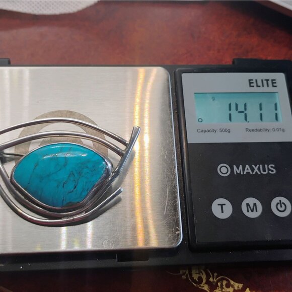 Vtg Modernist Artisan Signed Sterling Silver Turquoise Brooch - Picture 7 of 7